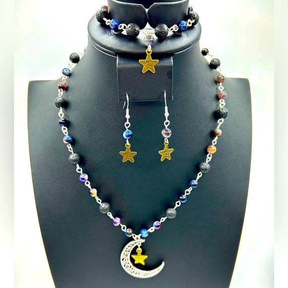 Handmade Moon & Star Necklace Set with Natural Tiger Eye and Lava Rock Stones! - Picture 1 of 13